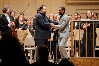 2.9.23 Andris Nelson congratulates composer Carlos Simon (Aram Boghosian)